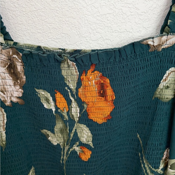Simplee Emerald Green Orange Floral Long Sleeve Dress Tiered Smocked.Size XL - Picture 5 of 9